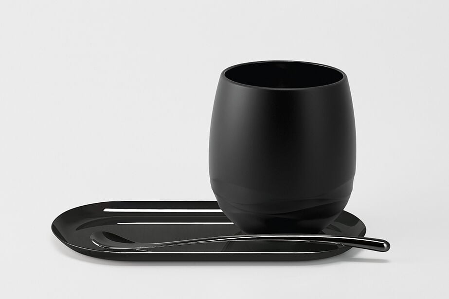 Tea cup set in black with tray and spoon